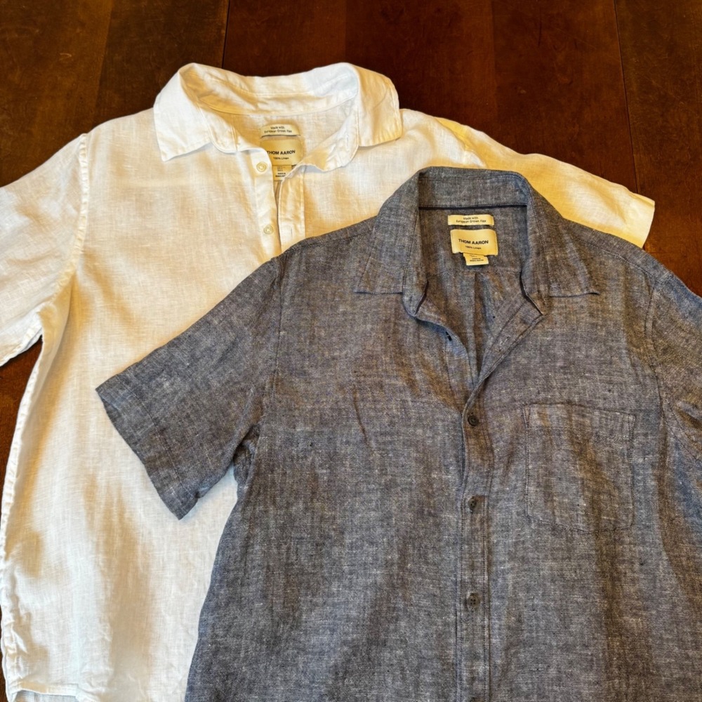 Thom Aaron Shirt Mens L Blue White 100% Linen Short Sleeve Button Up Lot of 2